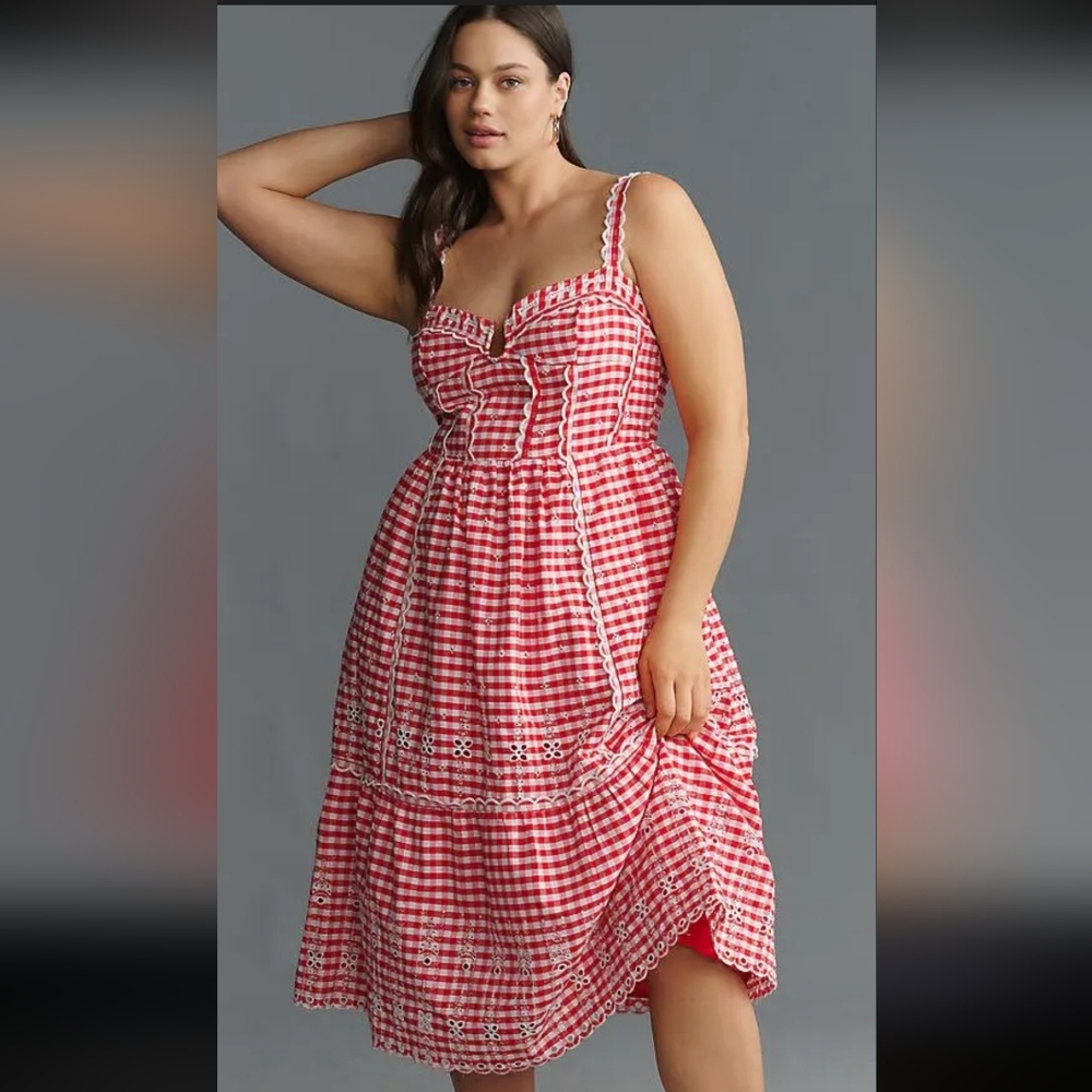 Elegant Red Checkered Midi‎ Dress